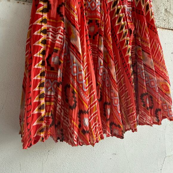CB Boho Red Pleated Festival Midi Skirt Global Print Cotton Y2K Revival Size L - Picture 2 of 6